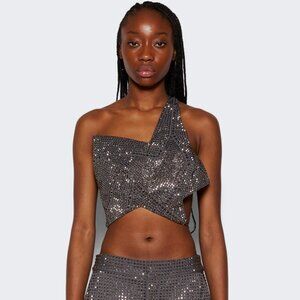 AREA Charcoal Crystal Embellished One Shoulder Star Top Large Runway Piece NWT